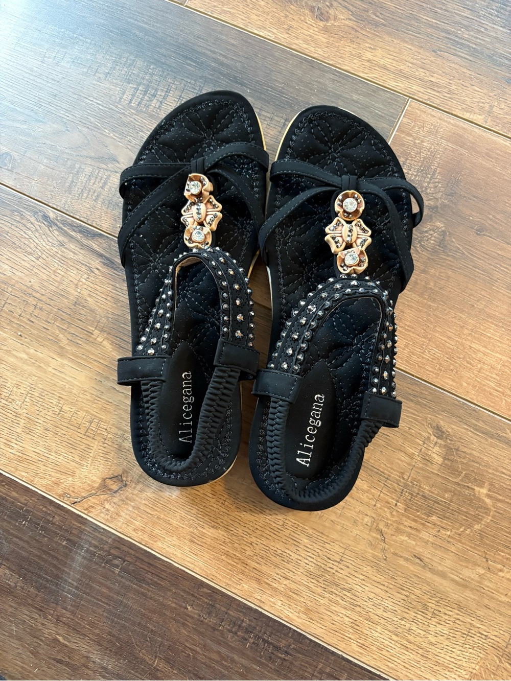 Black Jeweled T-Strap Sandals